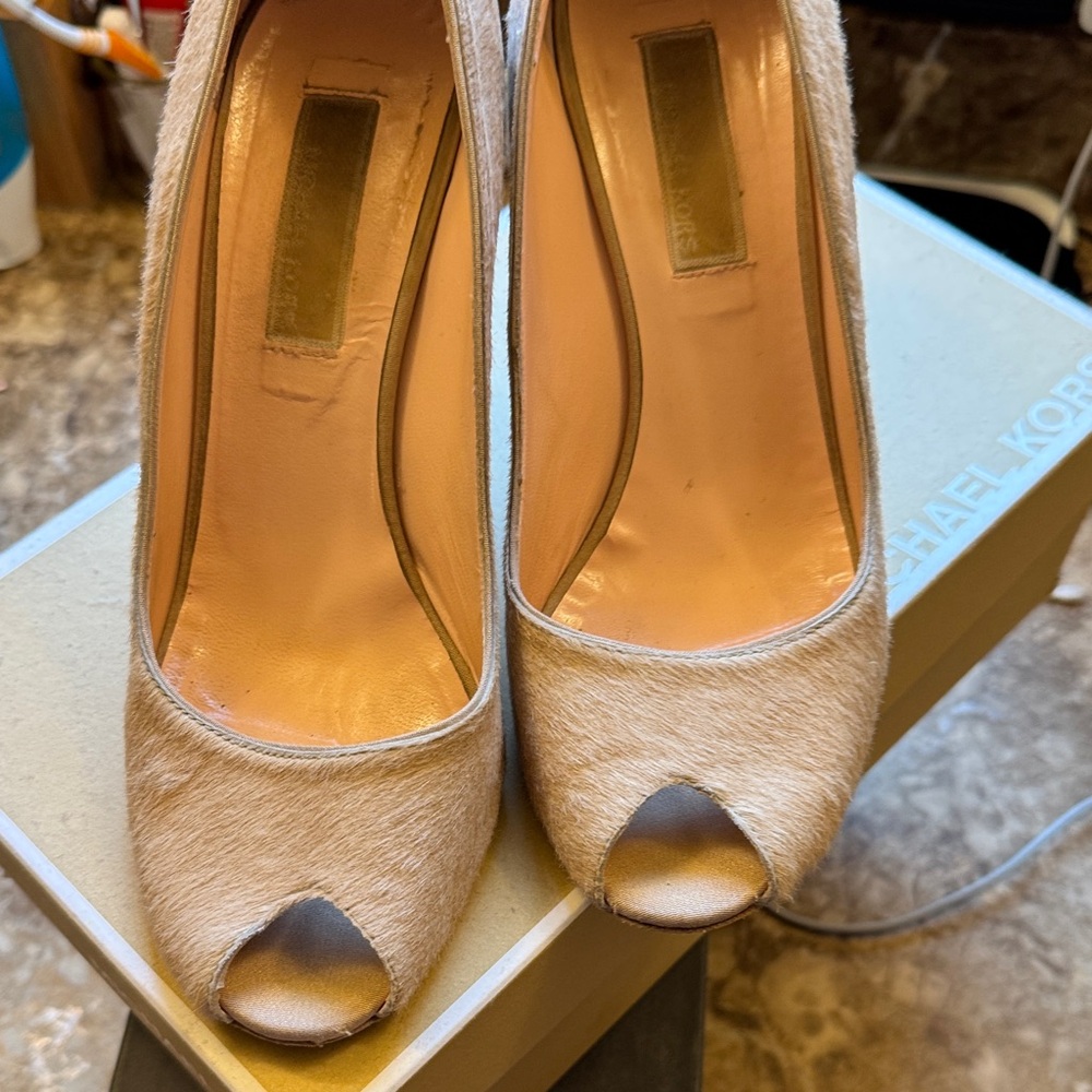 Michael Kors tan/camel Peep-Toe Heels